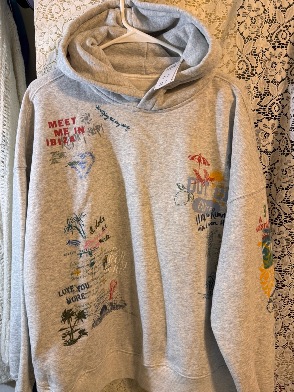 Abercrombie & Fitch Ibiza Graphic Hoodie Sweatshirt Gray Multicolor Size L NWT
